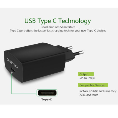 (Tặng dây sạc) Bộ cóc củ sạc nhanh 15W chuẩn PD 3.0 Type-C hiệu CHOETECH TC0001 cho điện thoại / máy tính bảng / Macbook iPhone Samsung Huawei Xiaomi Oppo Nokia Trang bị chip sạc thông minh (Đính kèm 1 dây sạc Type-C to Type-C) - Hàng chính hãng
