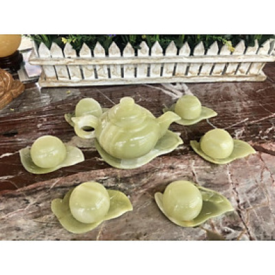Bộ ấm trà với dĩa hình chiếc lá đá ngọc Onyx