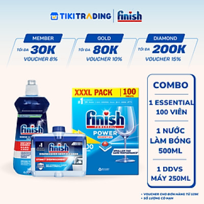 Combo Finish tiện lợi 1:Hộp 100 Viên Rửa Bát Finish Essential+ Nước Làm Bóng 500ml+ Dung Dịch Vệ Sinh Máy 250ml