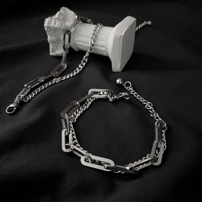 Set vòng cổ và vòng tay chuỗi xích titan thép không đen phong cách đường phố