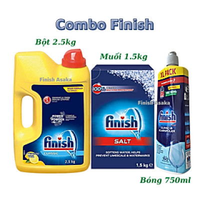 Combo rửa bát Finish: Bột Classic 2,5kg, Muối hộp 1,5kg, Nước làm bóng chai 750ml - Chính hãng.
