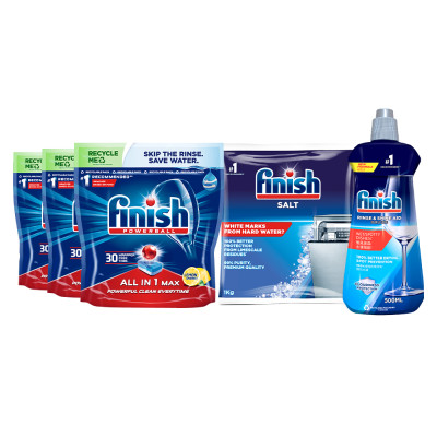 Combo Tiêu Chuẩn: Túi 24 Viên Rửa Bát All In One Max + Muối finish 1.2kg + 800ml Dung Dịch Nước Làm Bóng Rinse & Shine Aid Tẩy Rửa Máy Rửa Chén Bát.