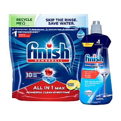 Combo 1 Cho Người Mới Bắt Đầu: Túi 30 Viên Nước Rửa Bát All In One Max + Nước Làm Bóng Rinse & Shine Aid