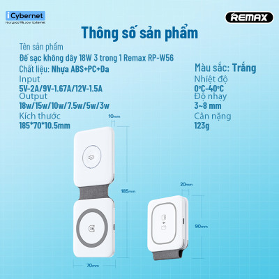 Đế sạc không dây từ tính 3 trong 1 Remax RP-W56 sạc nhanh 18W - Hàng chính hãng