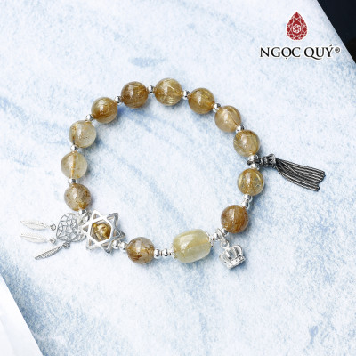 Vòng thạch anh tóc vàng phối lu thống charm bạc hạt 9mm mệnh thủy, kim - Ngọc Quý Gemstones