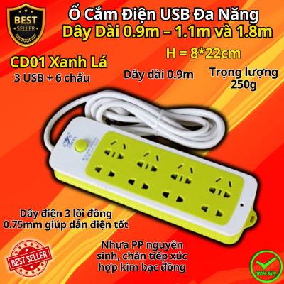 Ổ Cắm Điện USB Thông Minh Cao Cấp Chống Giật Dây Dài 0.9m – 1.1m và 1.8m, Ổ Cắm Điện Công Suất 2500W Có Chốt An Toàn D Danido, Nhựa Nguyên Sinh, Bền Bỉ