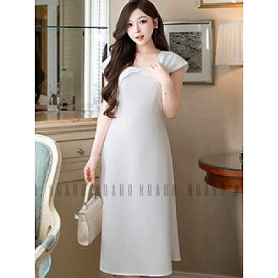 Đầm gấm trắng tay con NGADO , đầm dự tiệc hở vai