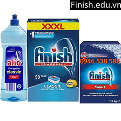 Combo viên rửa bát finish classic 90v + muối finish 1.5kg + Nước làm bóng alio 1 lít dùng cho máy rửa bát