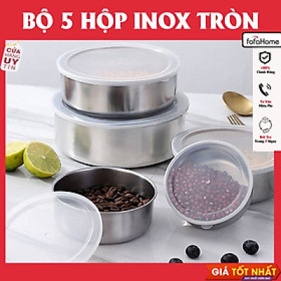 Bộ 5 Hộp Đựng Thực Phẩm Inox, Thố Lạnh Có Nắp Nhựa 5 Kích Thước Để Tủ Lạnh