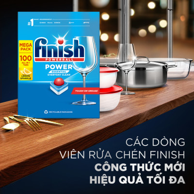 Viên Rửa Chén Bát Hương Chanh Finish Powerball Power Essential Lemon Sparkle - Túi 100 viên siêu tiết kiệm - 1 Túi
