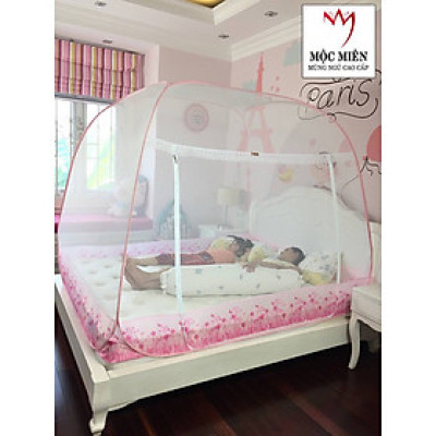 Màn Chụp , Mùng Chụp Cao Cấp Mộc Miên Đỉnh Rộng - Kích Thước 1,4mx2m Trắng Viền Hồng ( Hà Nội )