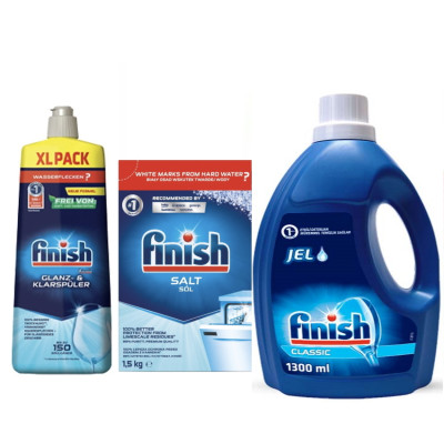 Combo Finish : Xà phòng rửa bát Gel Classic 1,3 lít+ Muối rửa bát finsih 1.5kg + dầu làm bóng bát finish 750ml