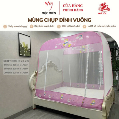 Màn Chụp , Mùng Chụp Cao Cấp Mộc Miên Đỉnh Vuông - Kích Thước 1,8mx2m ( Trắng Viền Hồng )
