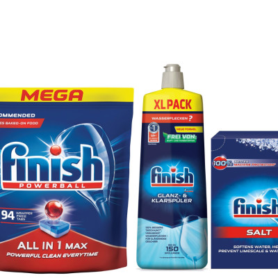 Combo 94 Viên rửa bát Finish All in 1 + Muối Finish 1,5kg + Nước làm bóng Finish 750ml