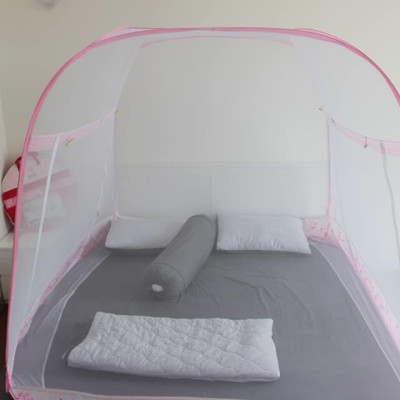 Màn Chụp , Mùng Chụp Tự Bung Cao Cấp Mộc Miên Đỉnh Rộng - Hoạ Tiết Hoa Lá Trắng Viền Hồng ( Hà Nội )