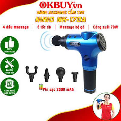 Súng (Máy) Massage Cầm Tay Nikio NK-170A - Kỹ Thuật Mát Xa Gõ Hiện Đại, Tác Động Sâu, Hỗ Trợ Giãn Cơ Toàn Thân - 4 Đầu Thay Thế, 6 Cấp Độ Mát Xa, Pin Sạc Không Dây 2000 mAh