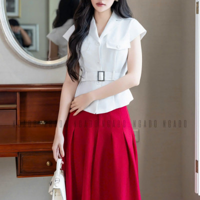 Set áo váy vest trắng đỏ NGADO , set áo váy vest , set công sở
