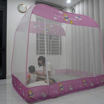 Màn Chụp , Mùng Chụp Cao Cấp Mộc Miên Đỉnh Vuông - Kích Thước 1,8mx2m ( Trắng Viền Hồng )