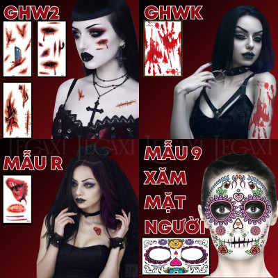 [HALLOWEEN] Hình xăm giả kinh dị hóa trang phát sáng hoa hồng đầu lâu nhện vết sẹo vết khâu chảy máu tròng mắt vết chân tay Legaxi