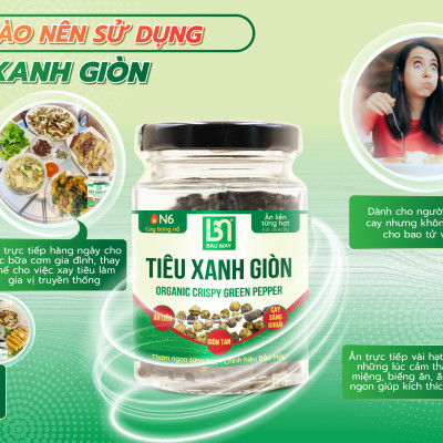 Tiêu xanh giòn Organic Bầu Mây 20g - Cay cấp độ 6 với độ cay bùng nổ, ăn liền giòn tan cay sảng khoái kích thích vị giác, giúp ăn ngon miệng hơn, cải thiện chức năng của hệ tiêu hoá