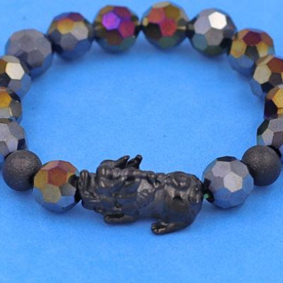 Chuỗi tay Pha Lê Xanh Đen cắt giác 10 ly Mix Tỳ Hưu inox 2 bi - Chuỗi tay thời trang phong thủy