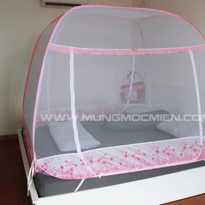 Màn đỉnh rộng tự bung cao cấp Mộc Miên loại trắng viền hồng loại 1m6x2m - 3 cửa 