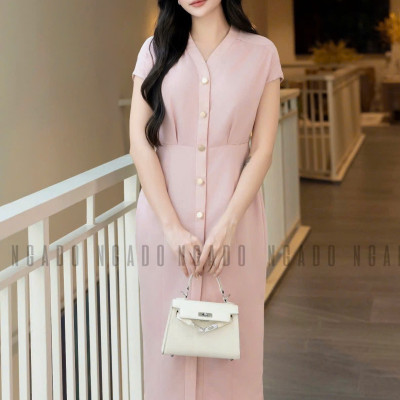 Đầm hồng nhạt cổ tim NGADO , đầm dự tiệc , đầm công sở