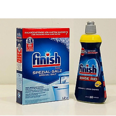 Combo muối Finish 1,2kg và chất làm bóng (chất xả) Finish 400mml dùng cho Máy rửa bát chén + tặng  viên Finish Nhật