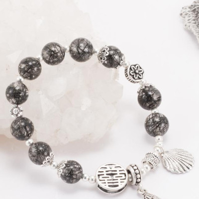 Vòng Thạch Anh Tóc Đen AAA Phối Charm Cánh Bạc (8mm) Ngọc Quý Gemstones