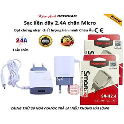 Sạc liền dây Ham Chính Hãng, dòng điện 2.4A, CÓ THÊM 1 CỔNG USB, Hàng Chính Hãng
