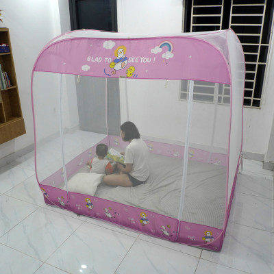 Màn Chụp Tự Bung Đỉnh Vuông Cao Cấp Mộc Miên - Màu Trắng Viền Hồng ( Hình thật )