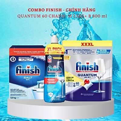 Combo viên rửa bát Finish Quantum 60 viên hương chanh + Muối Finish 1,5kg + Nước làm bóng Finish 750ml 