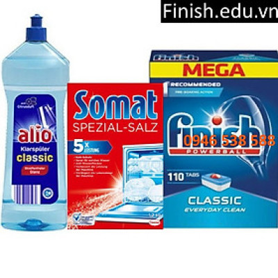 Combo 110 viên rửa bát finish + muối Somat 1.2kg + Nước làm bóng alio 1 lít dùng cho máy rửa bát