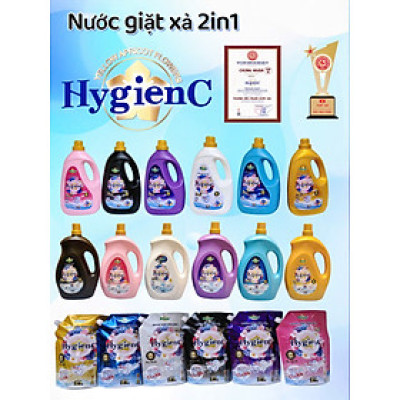 (Tặng 1 chai xịt thơm quần áo 100ml ) COMBO 2 can nước giặt xả 2 in1 HygienC PLUS 2kg, hang VN, Công nghệ thái đậm dặc, bền màu, lưu hương quần áo thơm mát dài lâu Làm Sạch