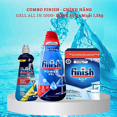Combo Gel rửa bát Finish All in 1 Shine&Protect 650ml + Muối Finish 1.5kg + Nước làm bóng Finish 400 hương chanh