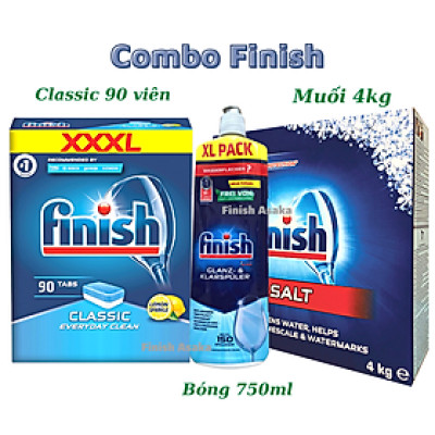 Combo rửa chén Finish: Viên Classic hộp 90 Viên, Muối hộp 4kg, Nước làm bóng 750ml,  - Nhập khẩu Châu Âu.