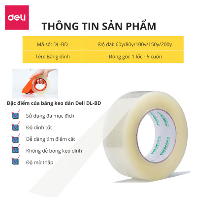 [Lốc 6 Cuộn] Băng Keo Trong , Băng Dính Dán Thùng Đóng Hàng Deli - 60/80/100/150/200 Yards - Dày Dai Chống Nước Khó Đứt 