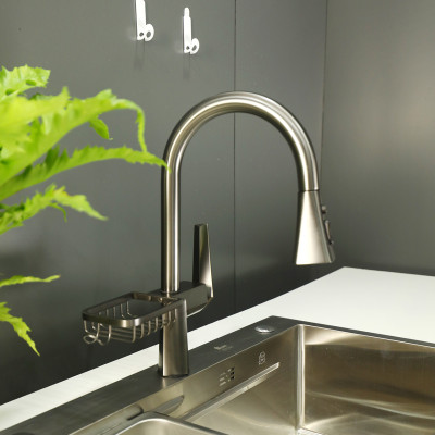 Vòi rửa nóng lạnh cao cấp dây rút xoay 360 đồng mạ PVD màu xám Juno sofa Teady VCCT-007 lux