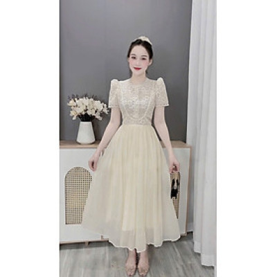 Váy thiết kế ren cúc bọc tay bồng pha chân tơ dáng dài