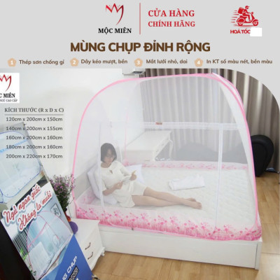 Màn Chụp , Mùng Chụp Cao Cấp Mộc Miên Đỉnh Rộng - Kích Thước 1,6mx2m Trắng Viền Hồng ( Hà Nội )