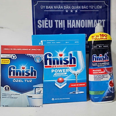 Combo rửa chén Finish: 94 viên finish all in 1, Nước làm bóng 800ml, Muối rửa bát finish hộp 1.5kg - Nhập khẩu Châu Âu.