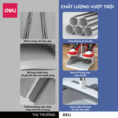Bộ chổi quét nhà kèm xẻng hót rác gấp gọn Deli đa năng thông minh, màu trắng chất liệu nhựa cao cấp và thép không gỉ