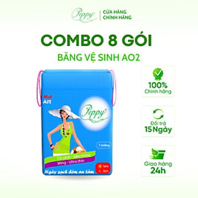 Combo 8 gói Băng Vệ Sinh AO2 Ngày Và Đêm, Siêu Thấm, Siêu Mỏng Nhẹ, Mặt Lưới, Có Cánh (7 miếng