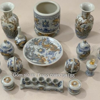 BỘ ĐỒ THỜ CÚNG MEN RẠN ĐẮP NỔI GỐM SỨ BÁT TRÀNG CAO CẤP