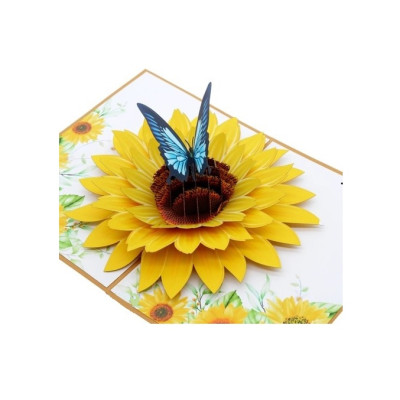 Thiệp 3D Pop Up Hoa Hướng Dương & Bướm Xanh – Thiệp Hoa Chúc Mừng, Sinh Nhật, Lãng Mạn, F30