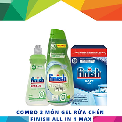 COMBO 3 món Finish Chai 900ml Gel Finish All in 1 Max + Hộp 1,5Kg muối + Chai 400ml nước bóng Finish dành cho máy