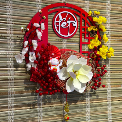 Vòng trang trí Tết - Khung decor hoa -Kích thước 40cm - Cây giả, hoa lụa Decor trang trí nhà cửa