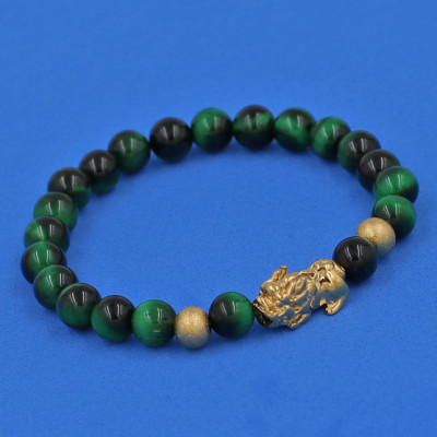 Vòng tay đá Măt Hổ xanh lá 6 ly cẩn Tỳ Hưu inox vàng VMHXLTHHBV6 - hợp mệnh Hỏa, mệnh Mộc