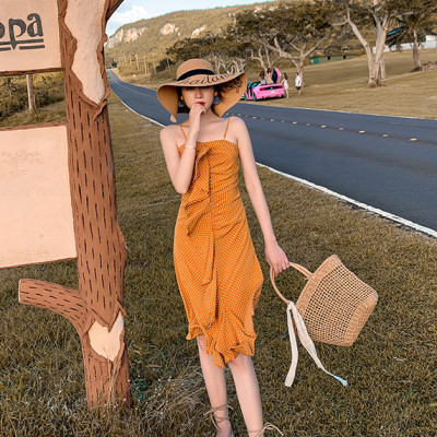 Váy maxi 2 dây chấm bi vàng, bèo nhún cách điệu trước, tôn dáng, đầm voan đi biển cá tính, họa tiết chấm bi dễ mặc | MX053