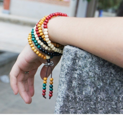 Vòng tay ngũ sắc, phong cách phật giáo, 108 hạt, gỗ tự nhiên 100%, Kèm túi đựng Cung hỷ